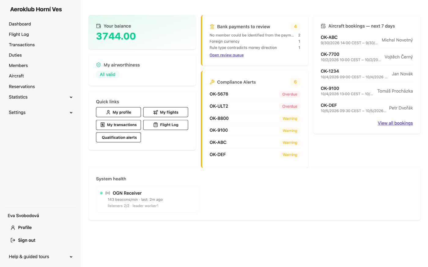 The dashboard of a club administrator with alert cards and system health