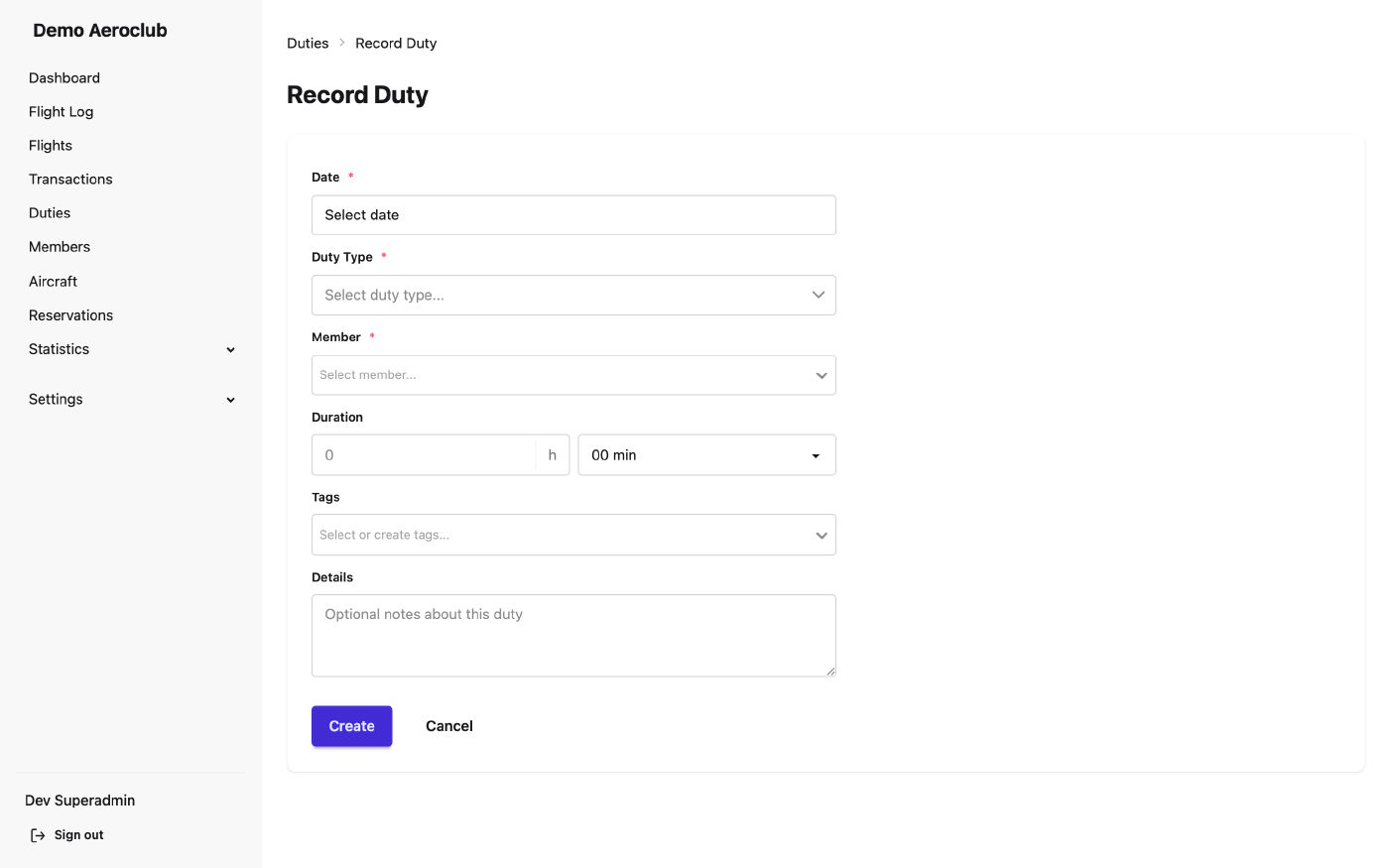 The form for creating a new duty