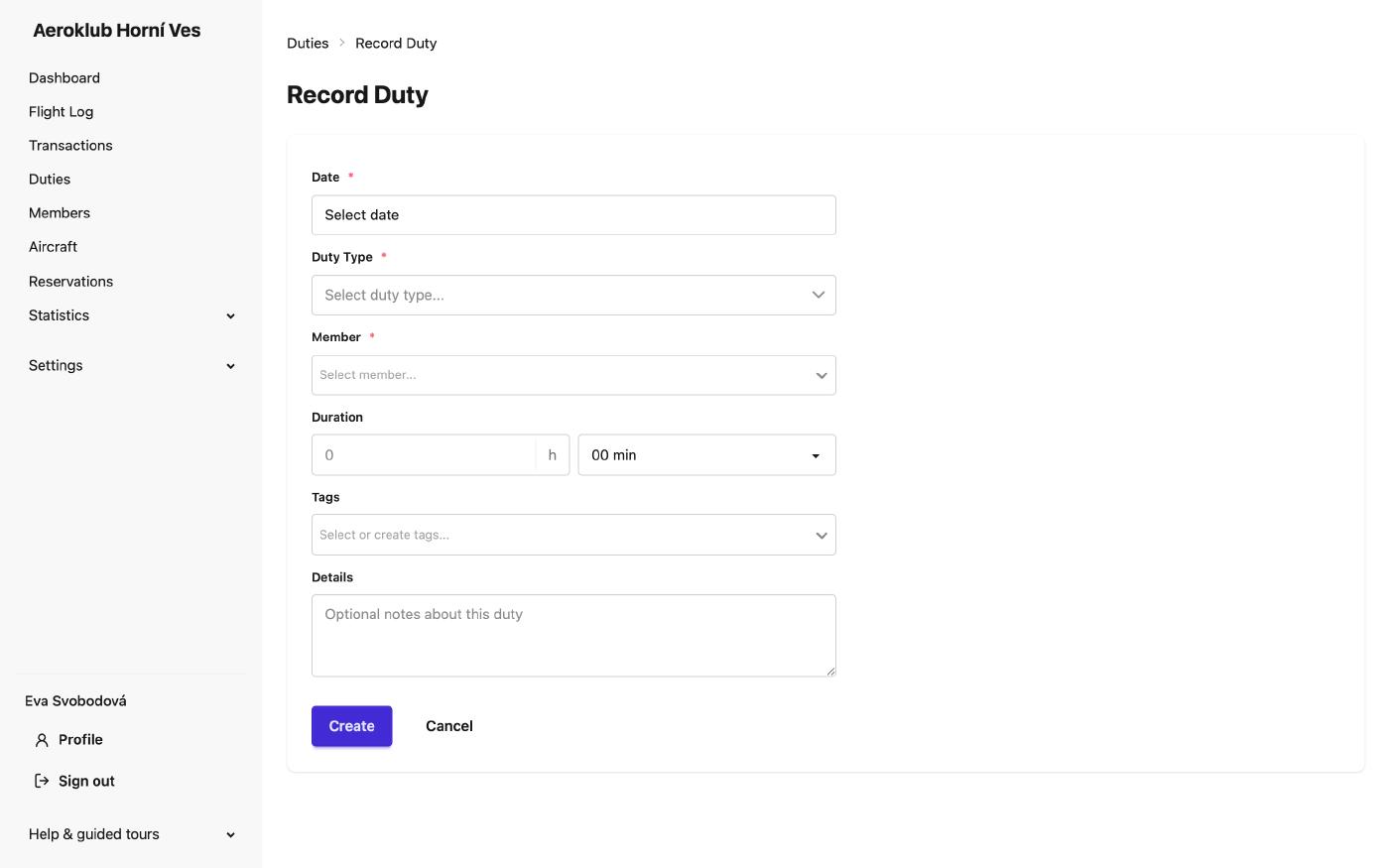 The form for logging a duty
