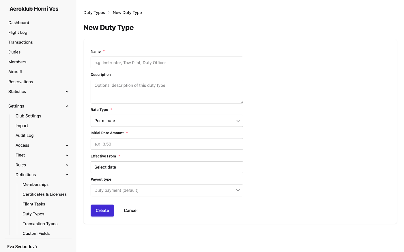 New duty type form with rate type, initial rate and payout type