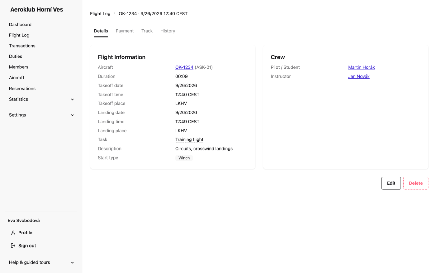 An approved flight: read-only summary with the Details, Payment, Track and History tabs