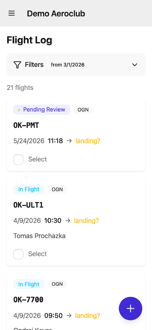 AeroclubHQ flight log on a phone