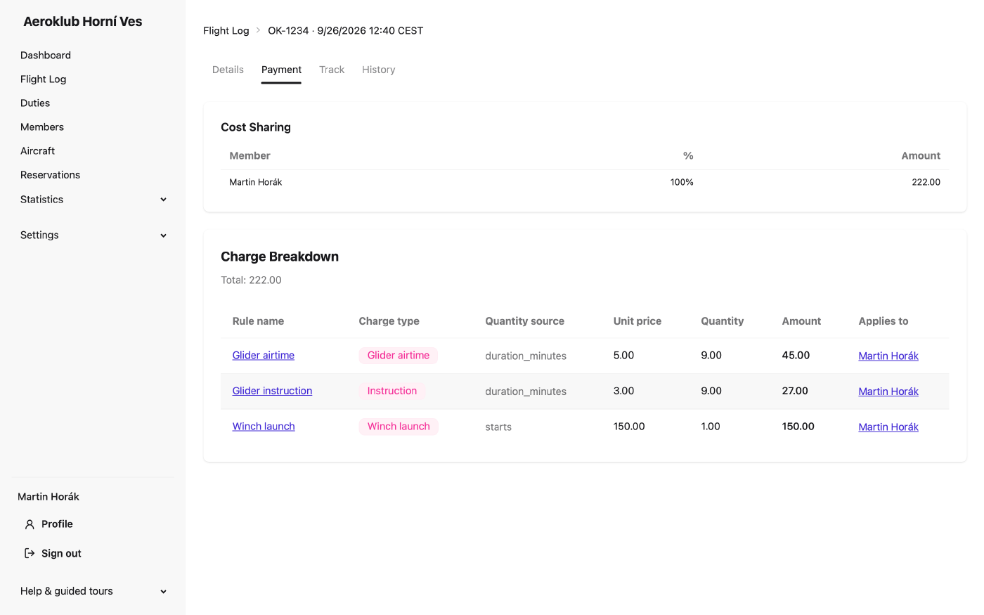 The Payment tab: charges by rule and the split between payers