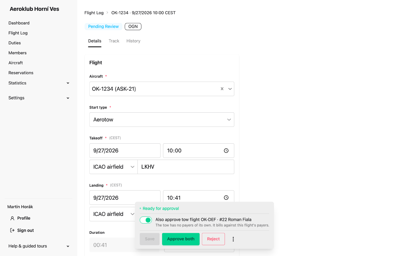 An unapproved flight open for completion, with the approval bar