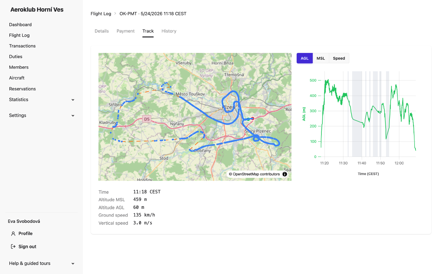 The Track tab: the flight path on the map, the altitude graph and a readout at the cursor
