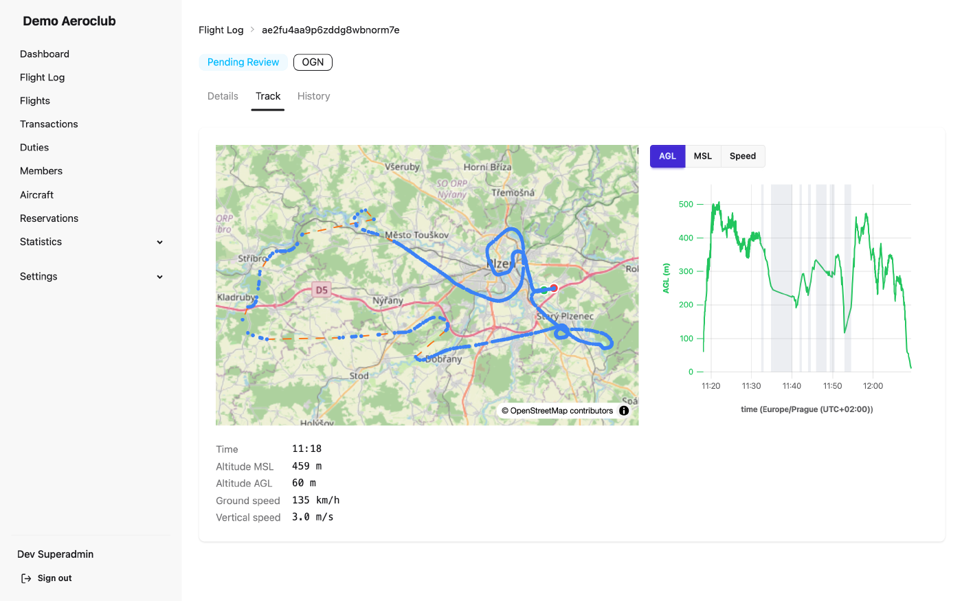The Track tab with the flight's map, altitude graph, and parameters