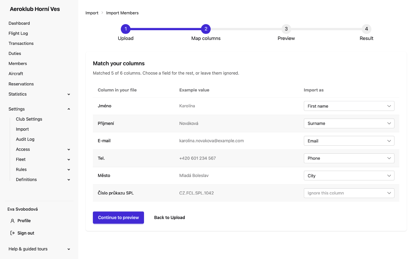 The Match your columns step: each column of the file with an example value and the field it is imported as