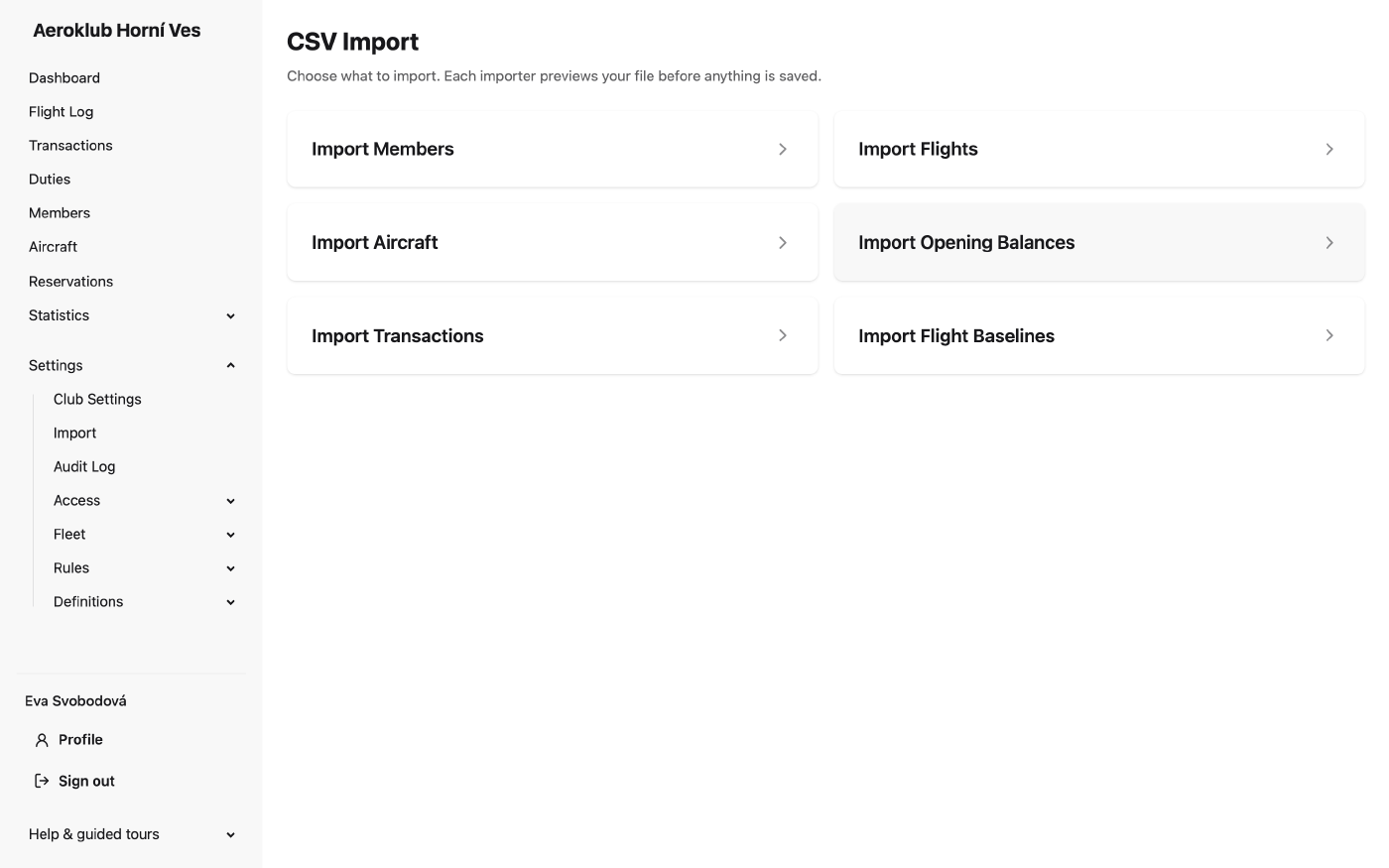 Import hub listing the importers for members, flights, aircraft, opening balances, transactions and flight baselines