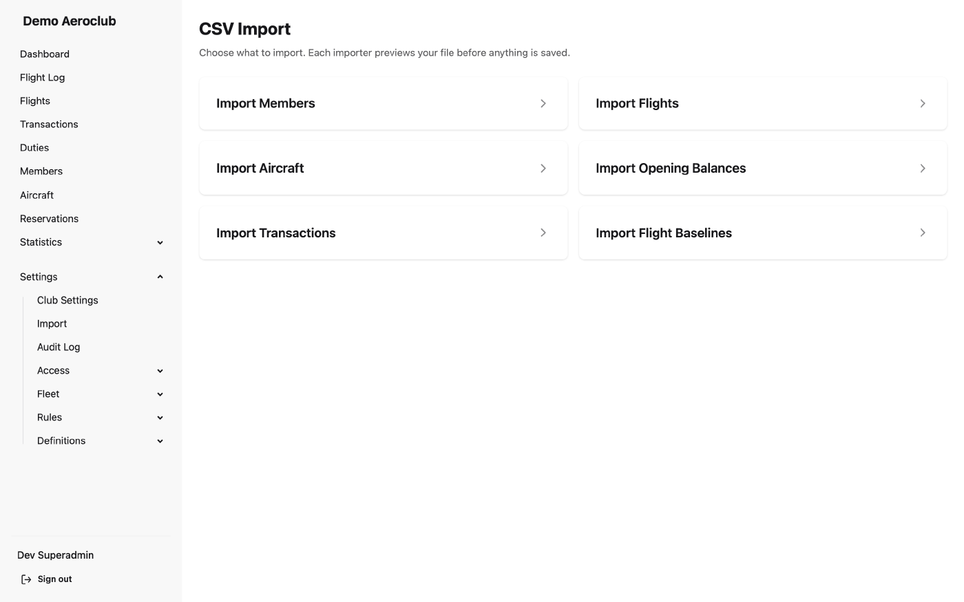 Import hub listing dedicated importers for each data type