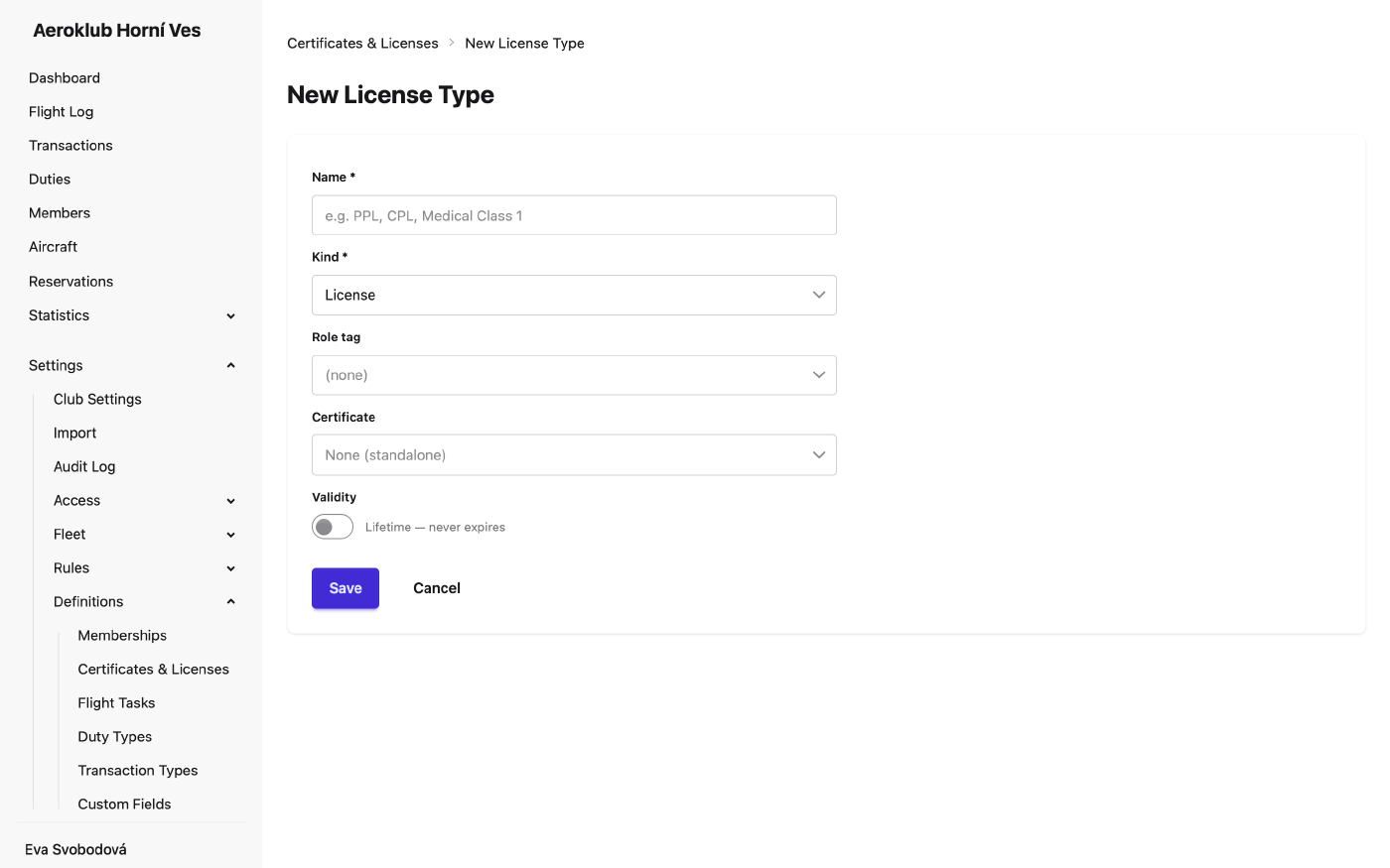 New licence type: name, kind, role tag, parent licence, certificate and validity