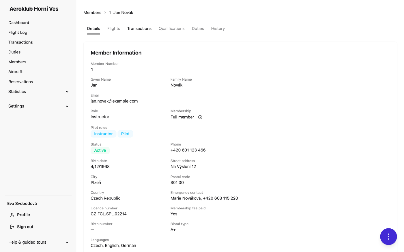A member's page with account, membership and custom fields