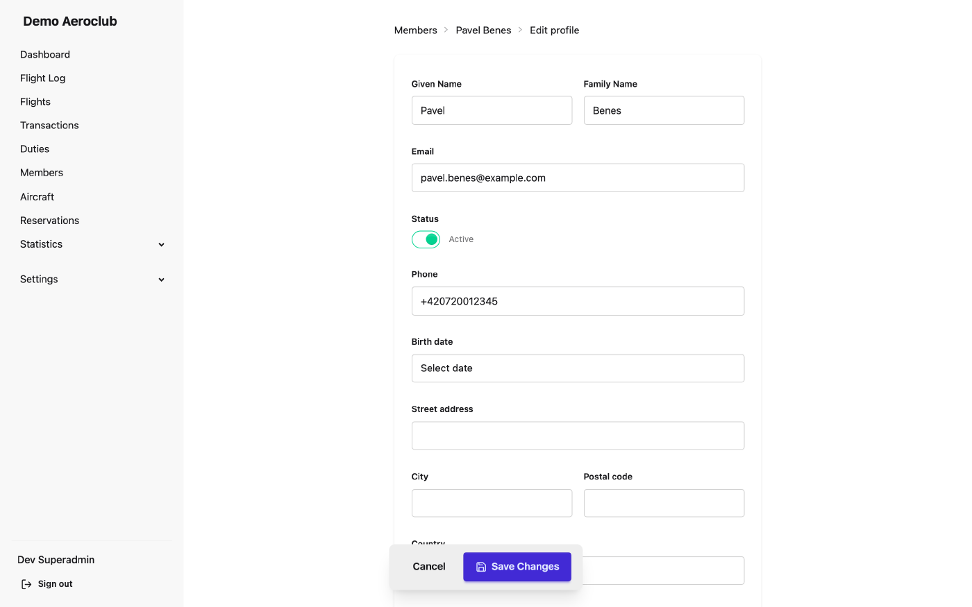Editing a member's details