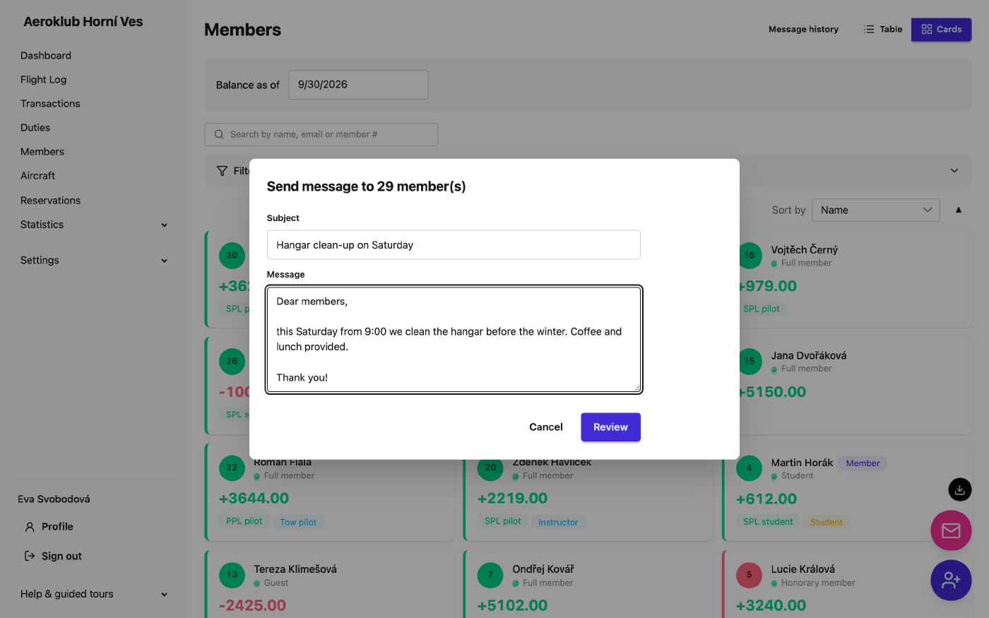 The Send message dialog with subject, message and the recipient count
