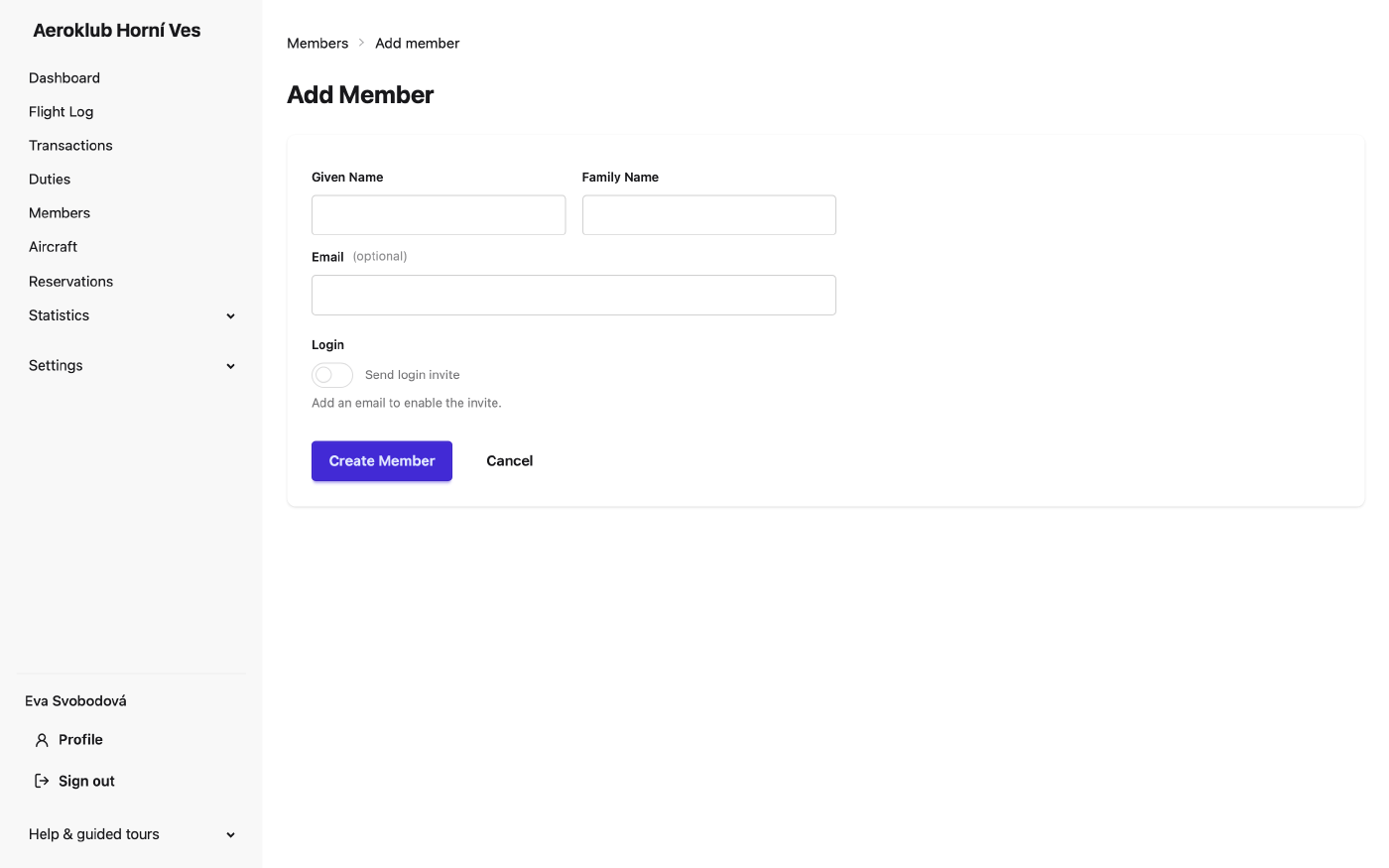 The form for adding a member, with the invite toggle