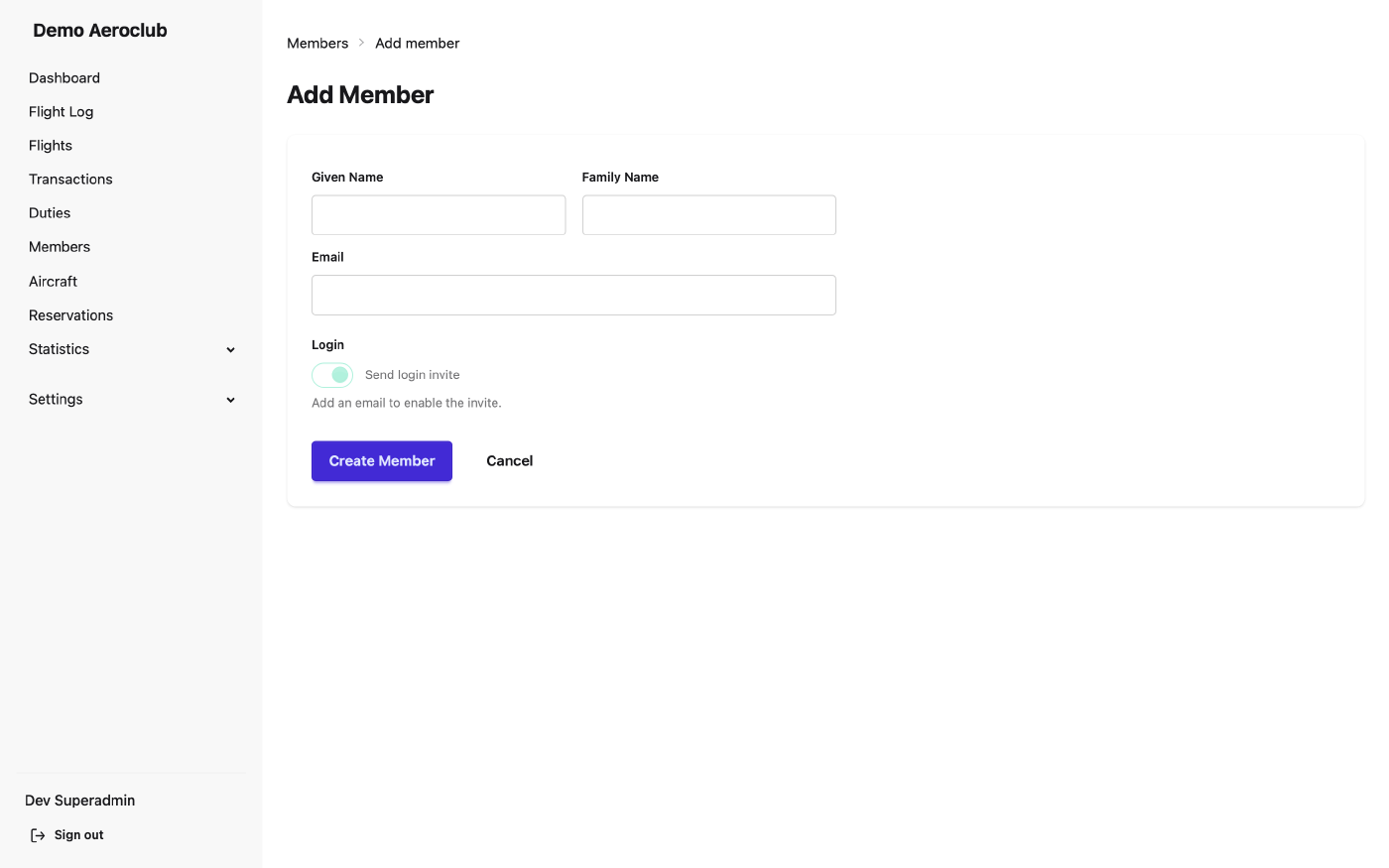 The form for registering a new member