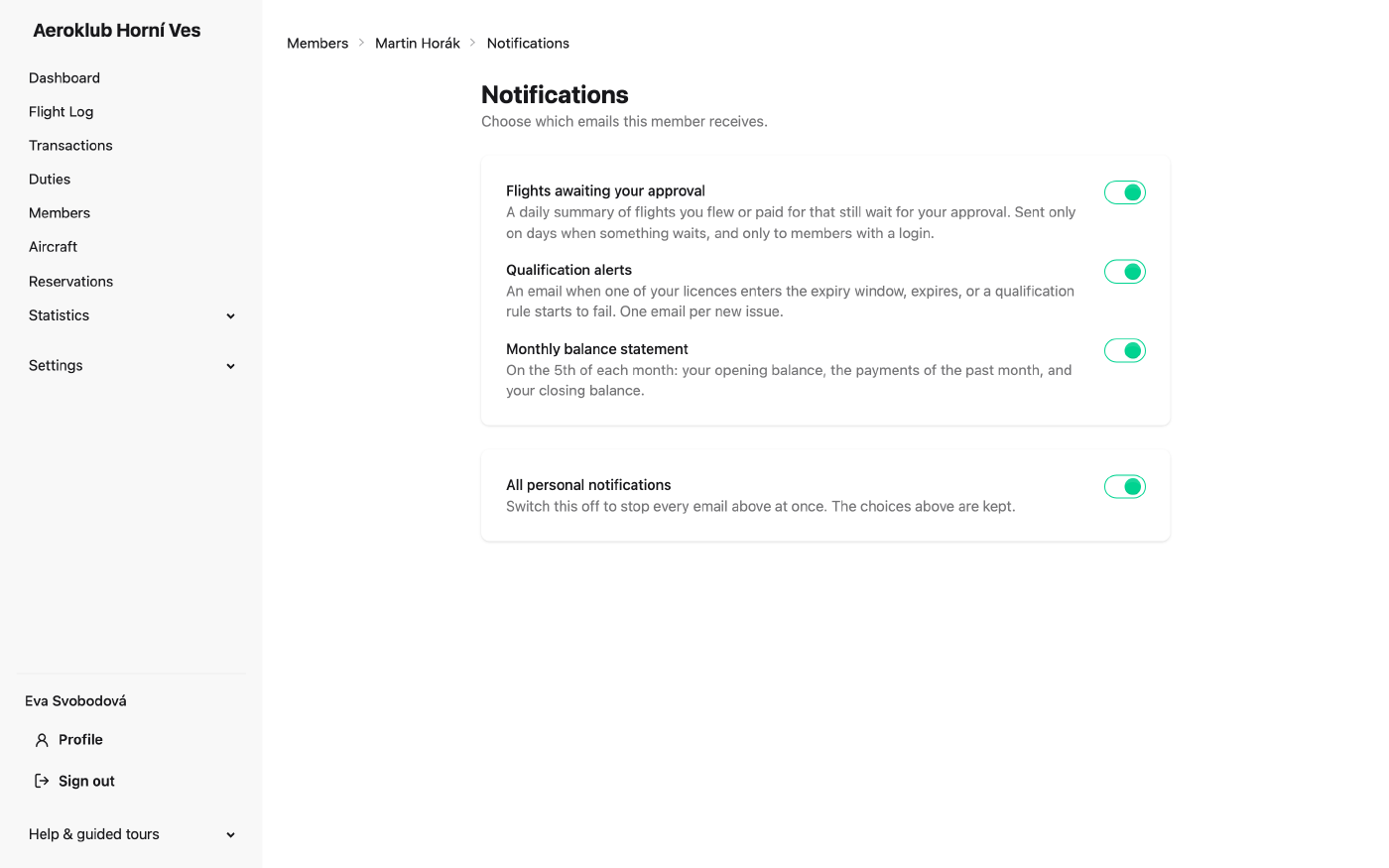 A member's notification settings: one switch per personal email and a switch for all of them