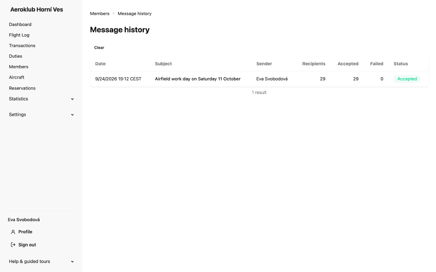Message history listing sent messages with recipient, accepted and failed counts