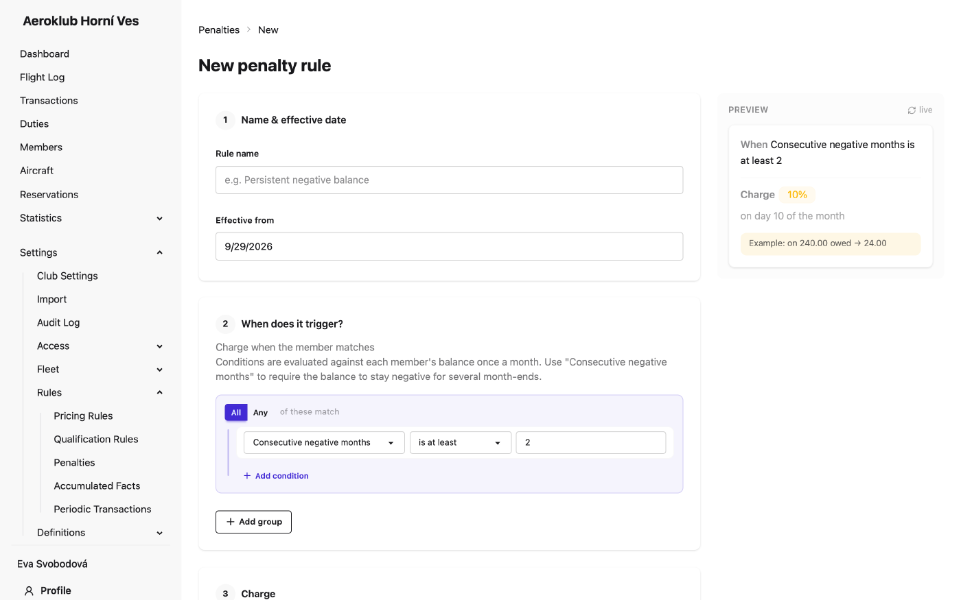 Form for creating a new penalty rule
