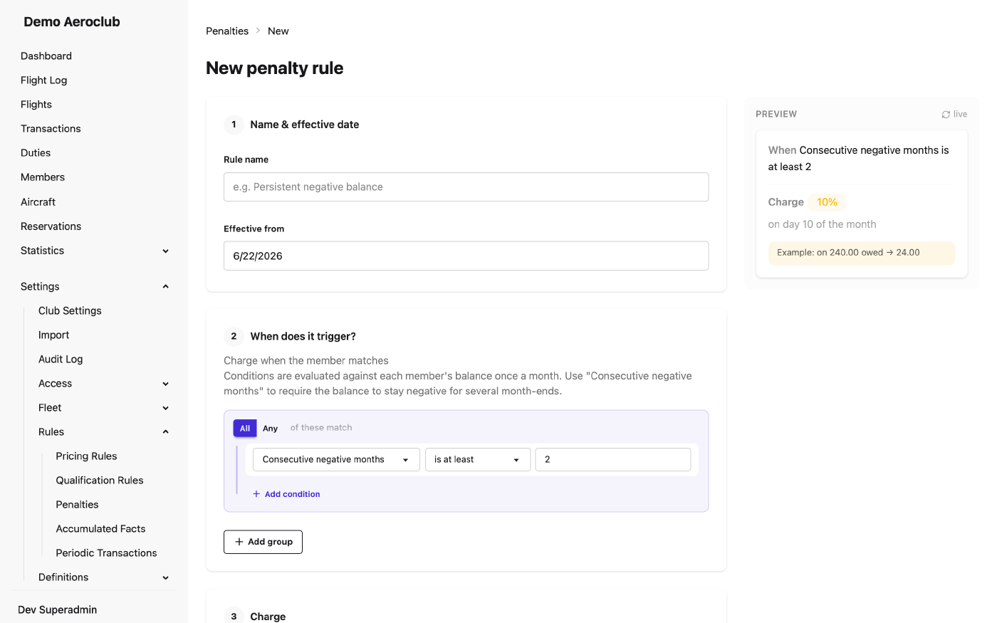 Form for creating a new penalty rule