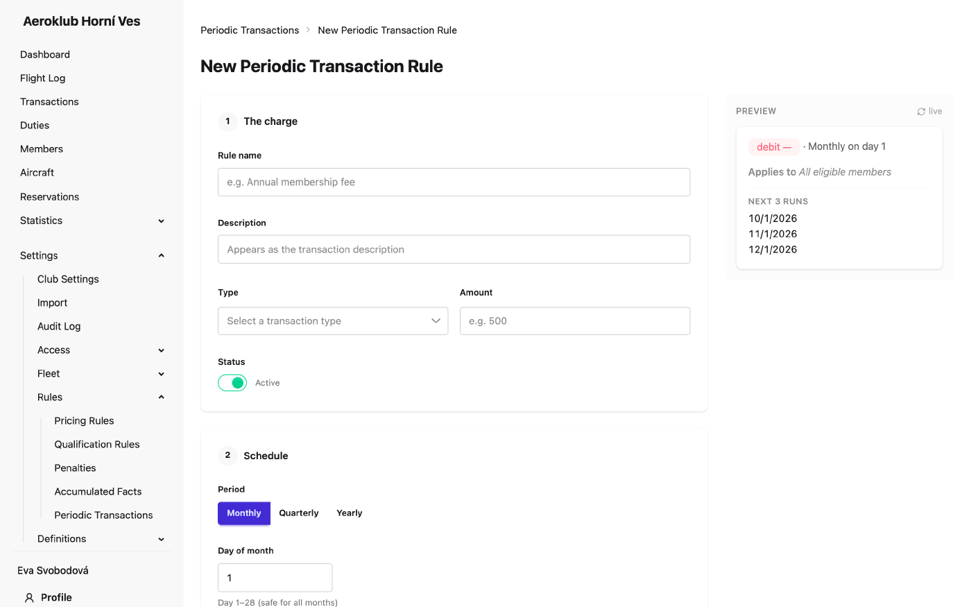 Form for creating a new periodic transaction rule with the next-runs preview