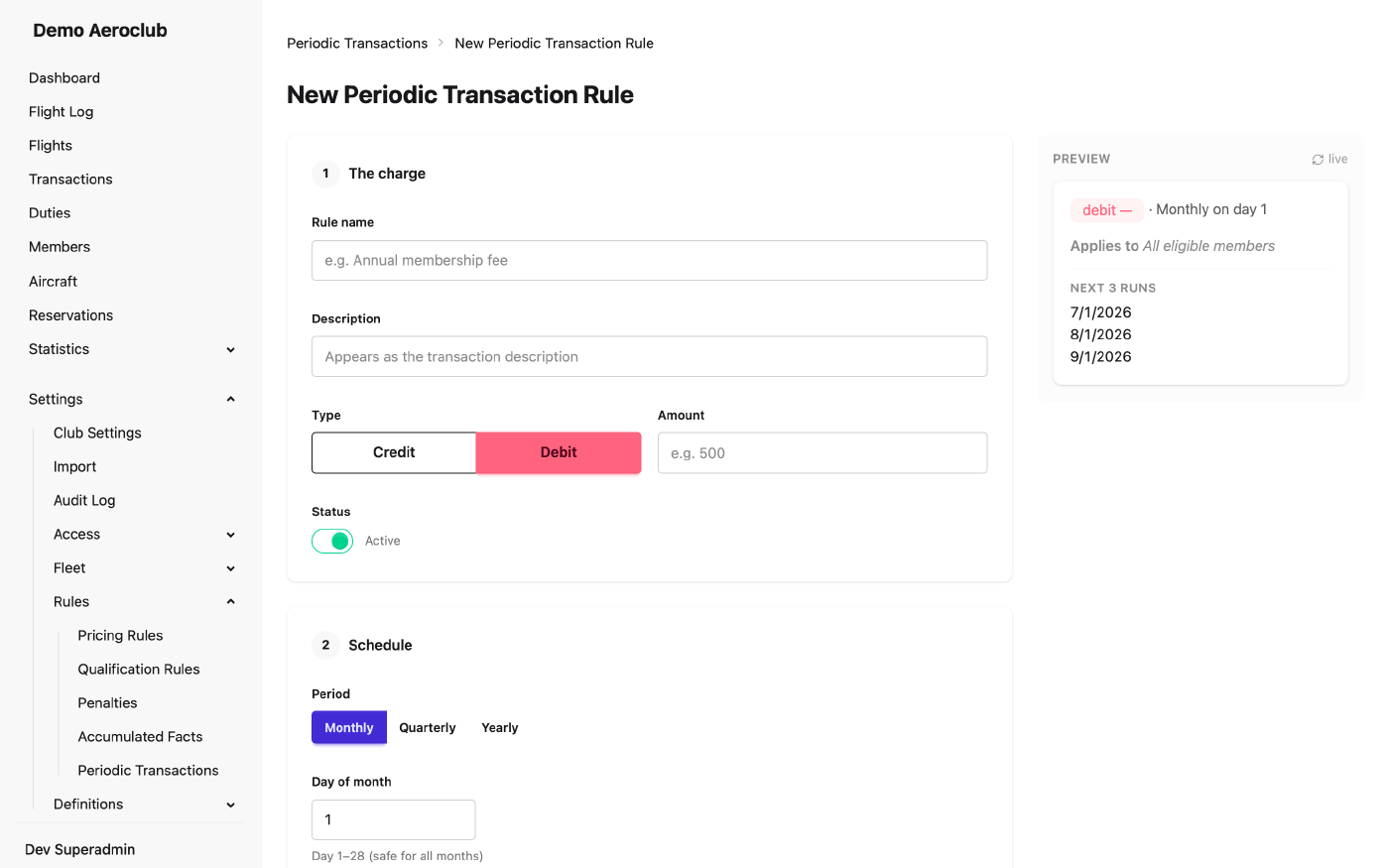 Form for creating a new periodic transaction schedule