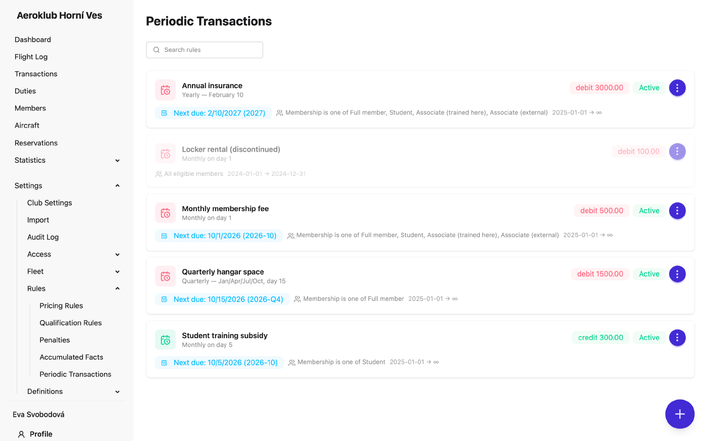 Periodic transaction rules as cards with the next due date