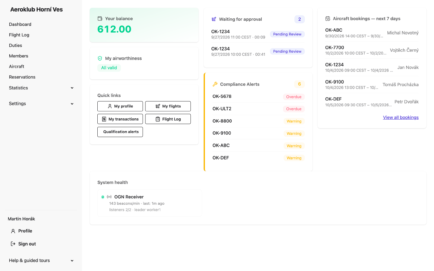 The pilot dashboard: balance, flights waiting for approval, airworthiness and bookings