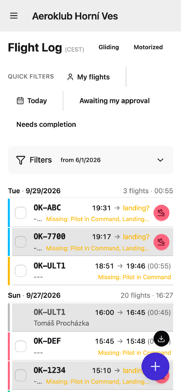 The Flight Log on a phone: two-line rows with a landing button