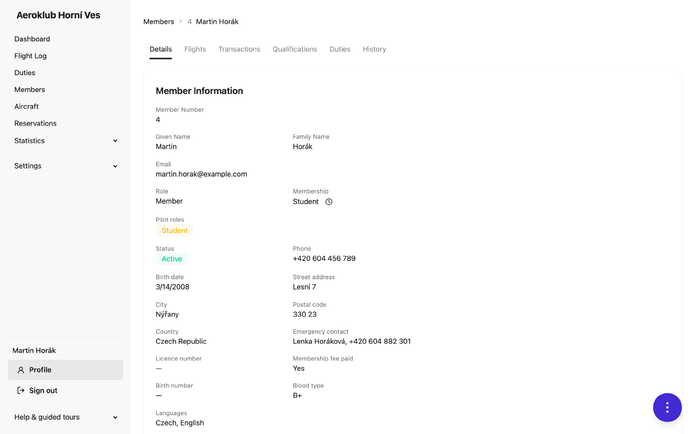 A pilot's own member page with the tabs Details, Transactions, Qualifications, Duties, Flights and History
