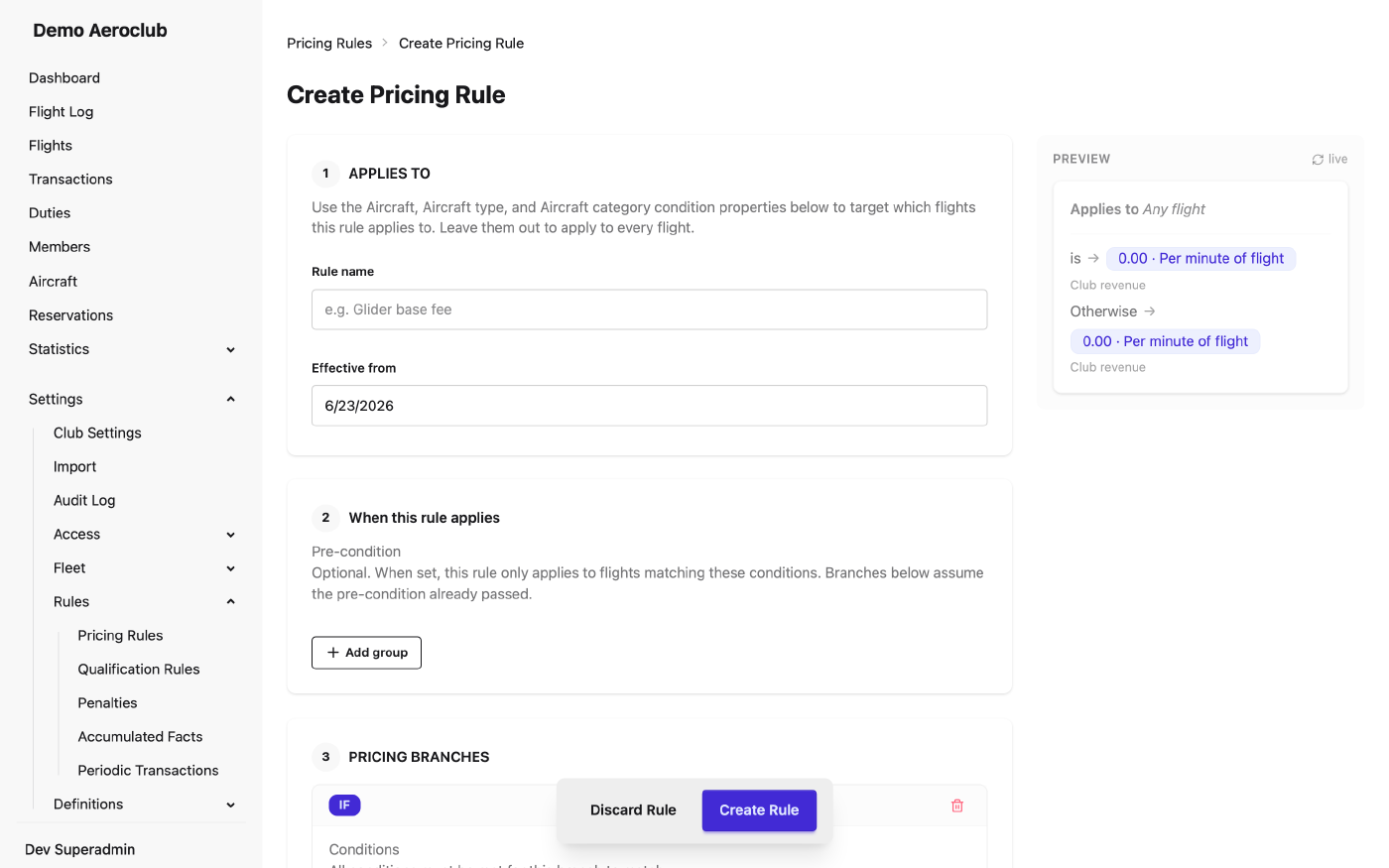 Form for creating a new pricing rule