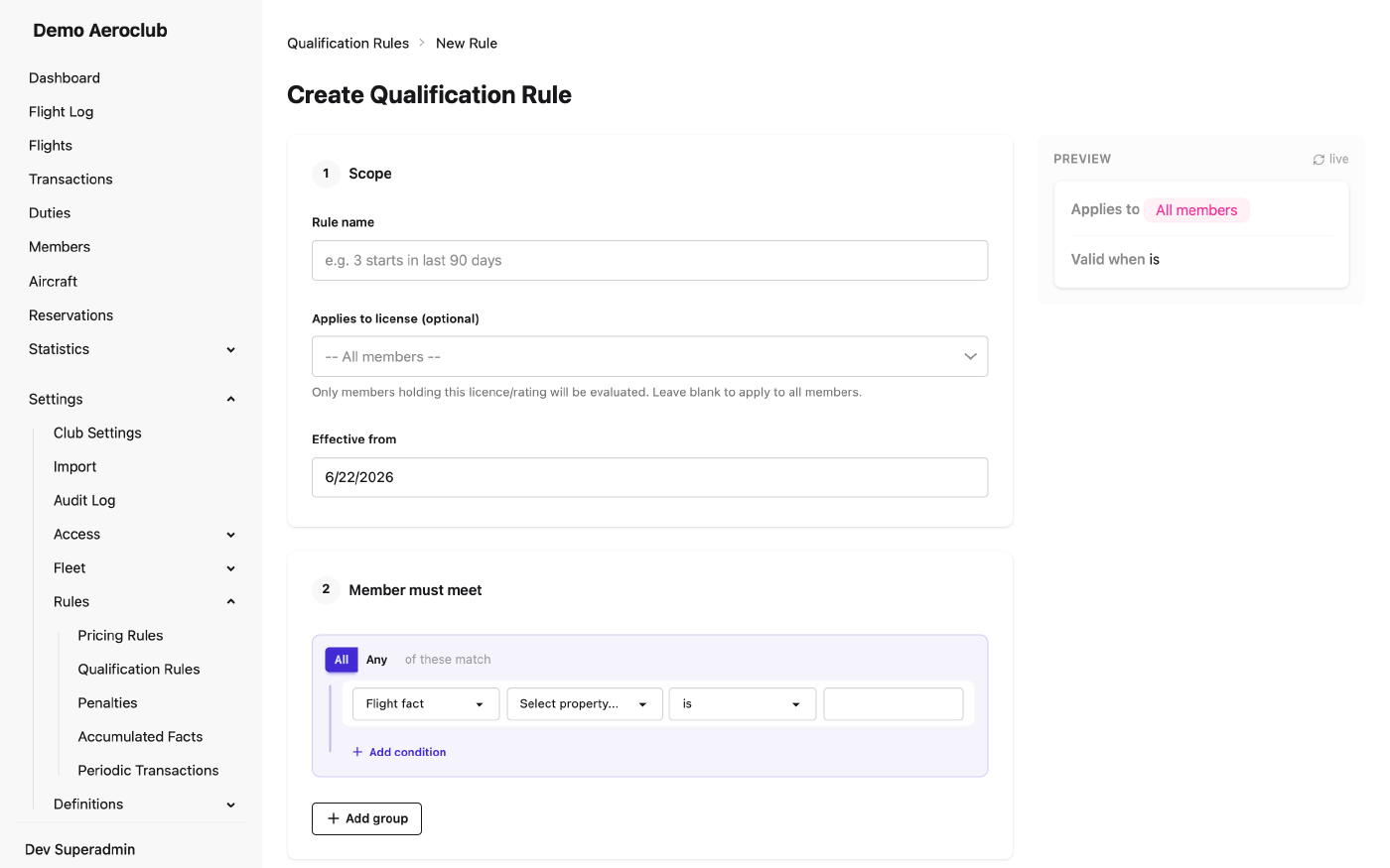 Form for creating a new qualification rule