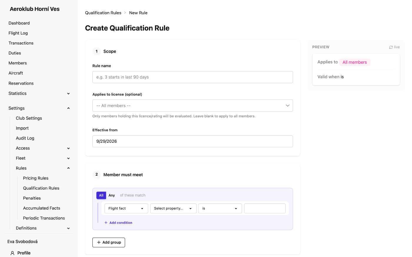 Creating a qualification rule with a flight-fact and a licence condition