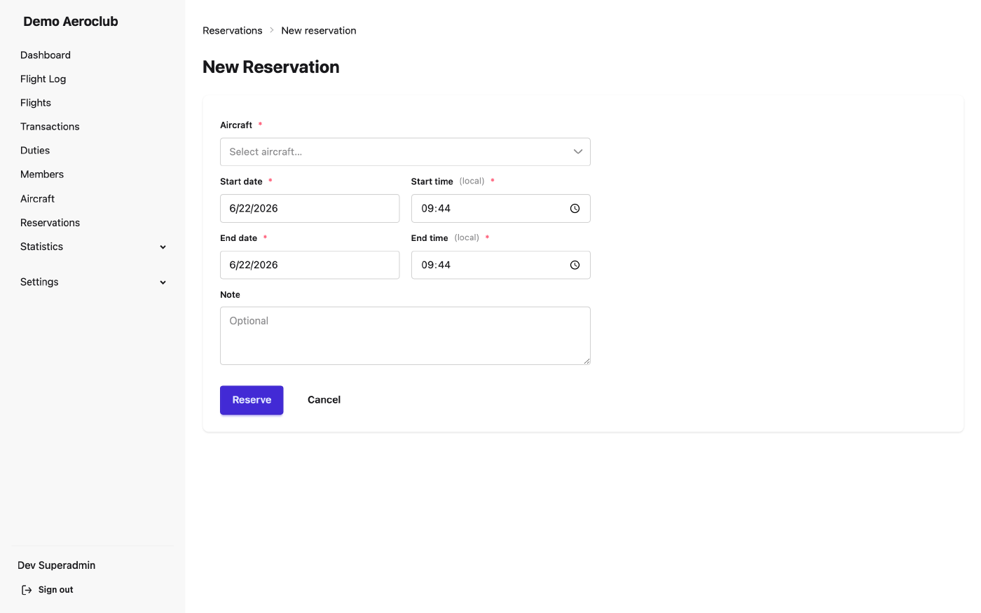 The form for creating a new reservation