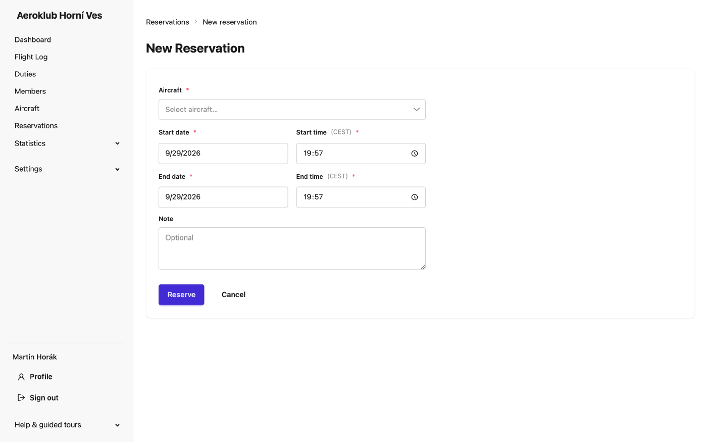 The form for a new reservation