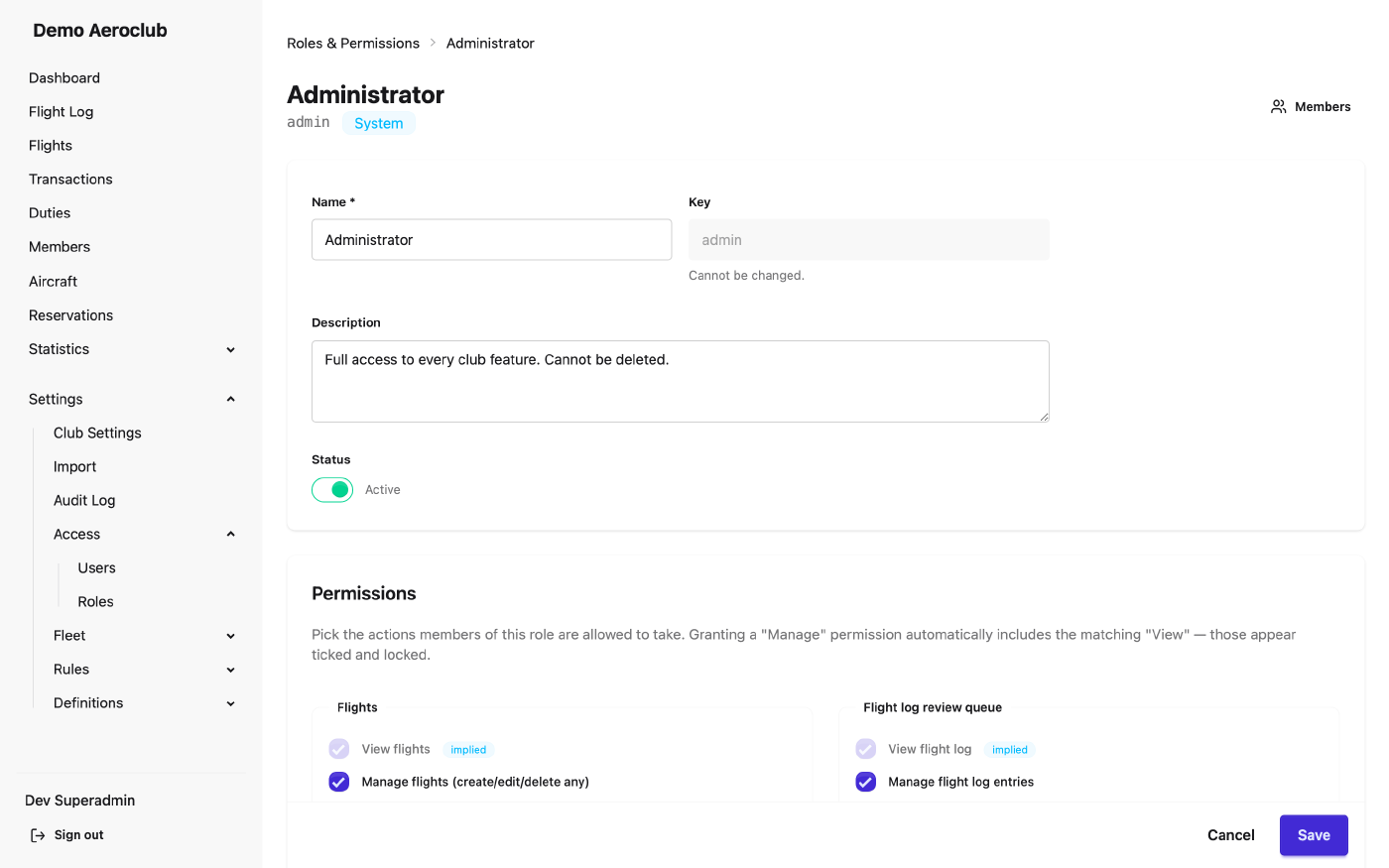 Editing a role: name, key, status and the permission matrix where granting Manage implies View