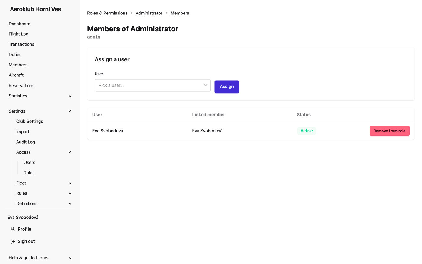 The users on a role, with the Assign control and a Remove from role action