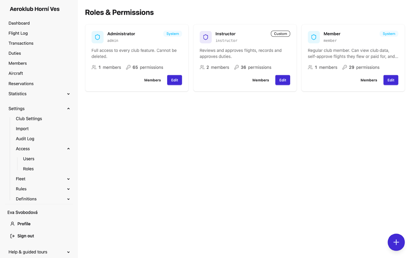 Roles shown as cards with their key, description, number of members and number of permissions