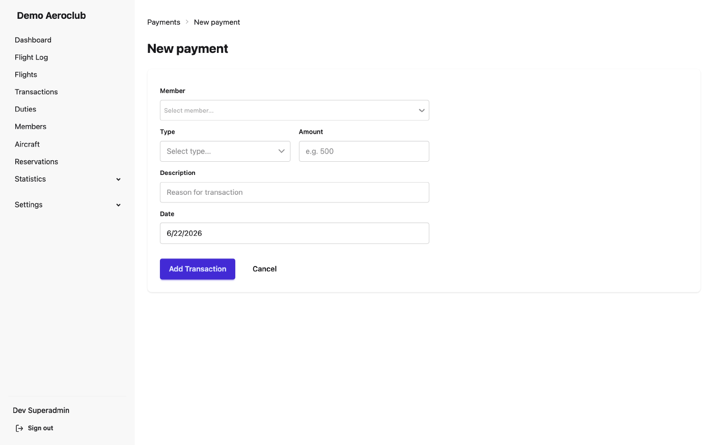 The form for entering a manual transaction