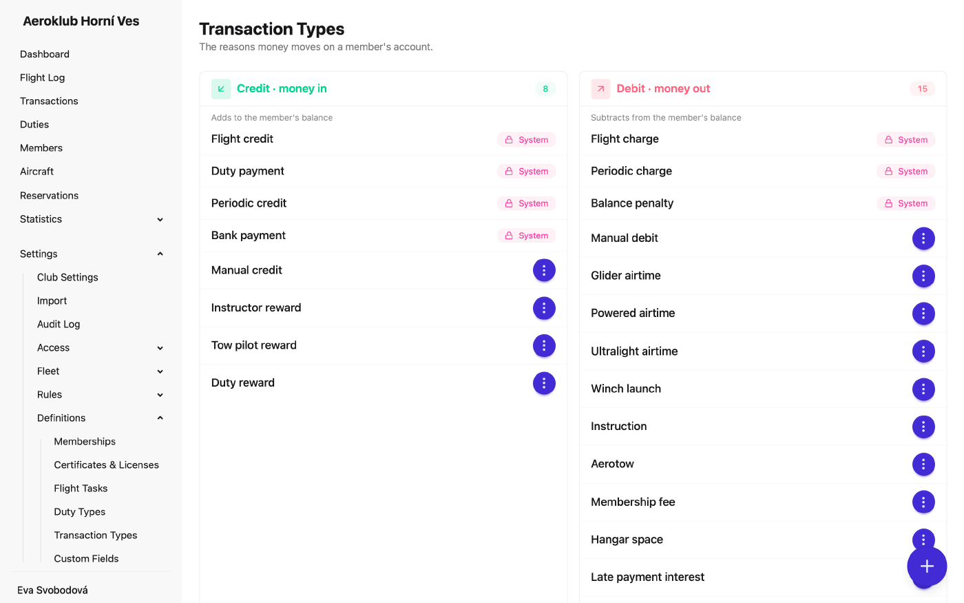 Credit and debit transaction types, with the system types marked