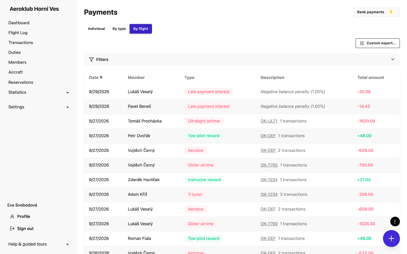 The Payments ledger grouped by flight