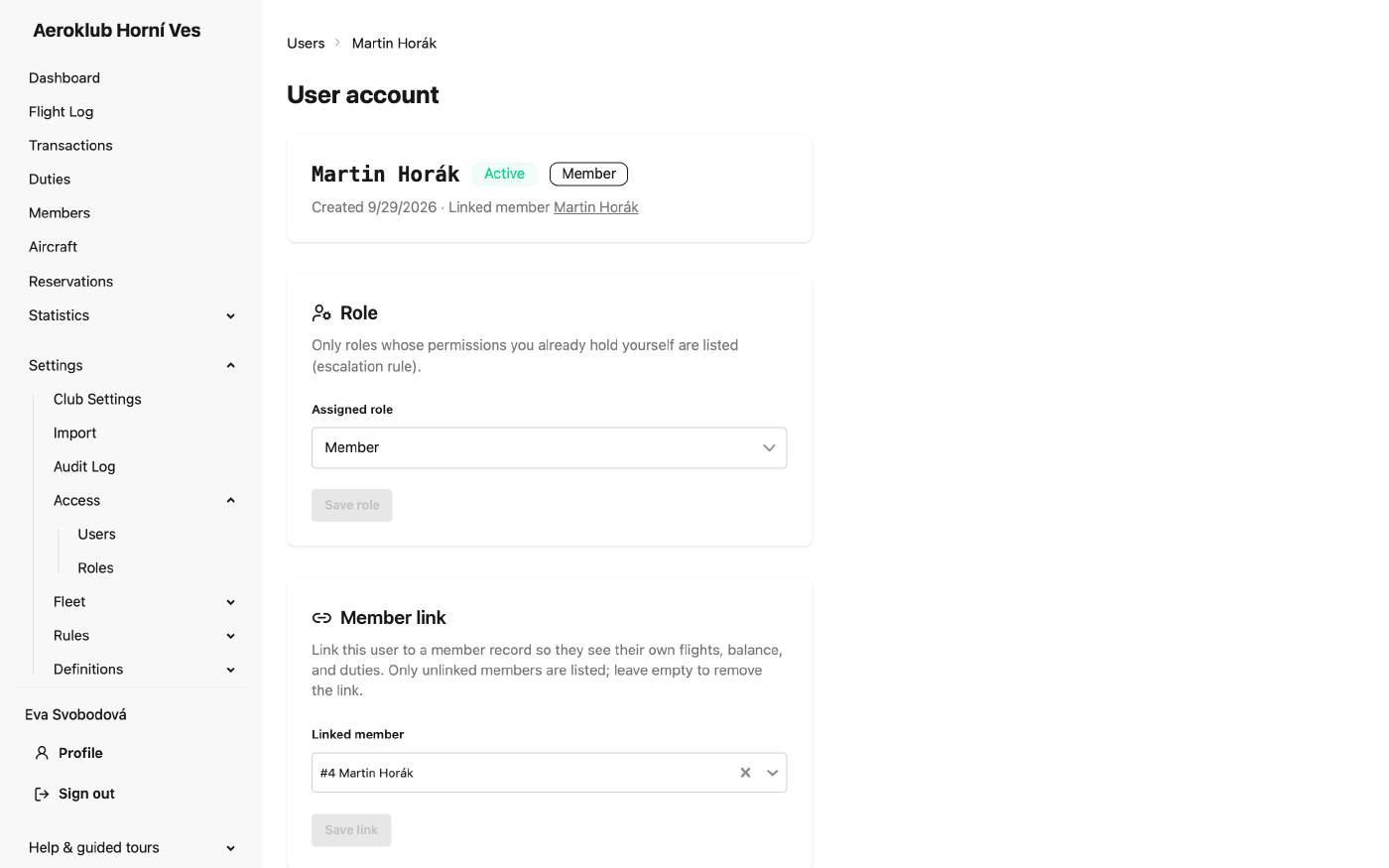 A user account with its role, member link and status