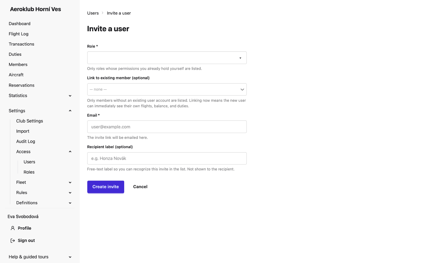 The Invite a user form with role, member link, email and label