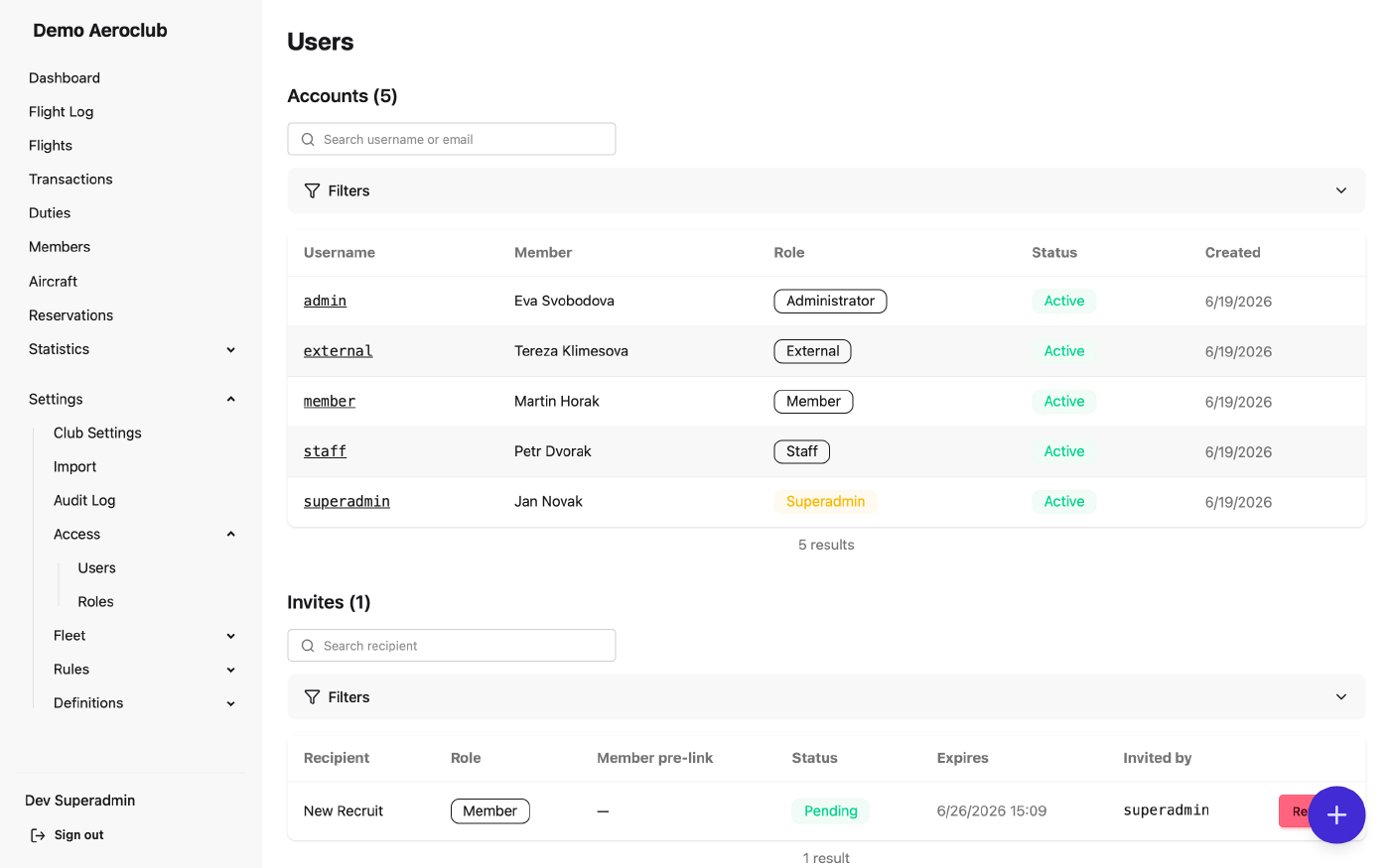 Users list with invite action and per-user role management