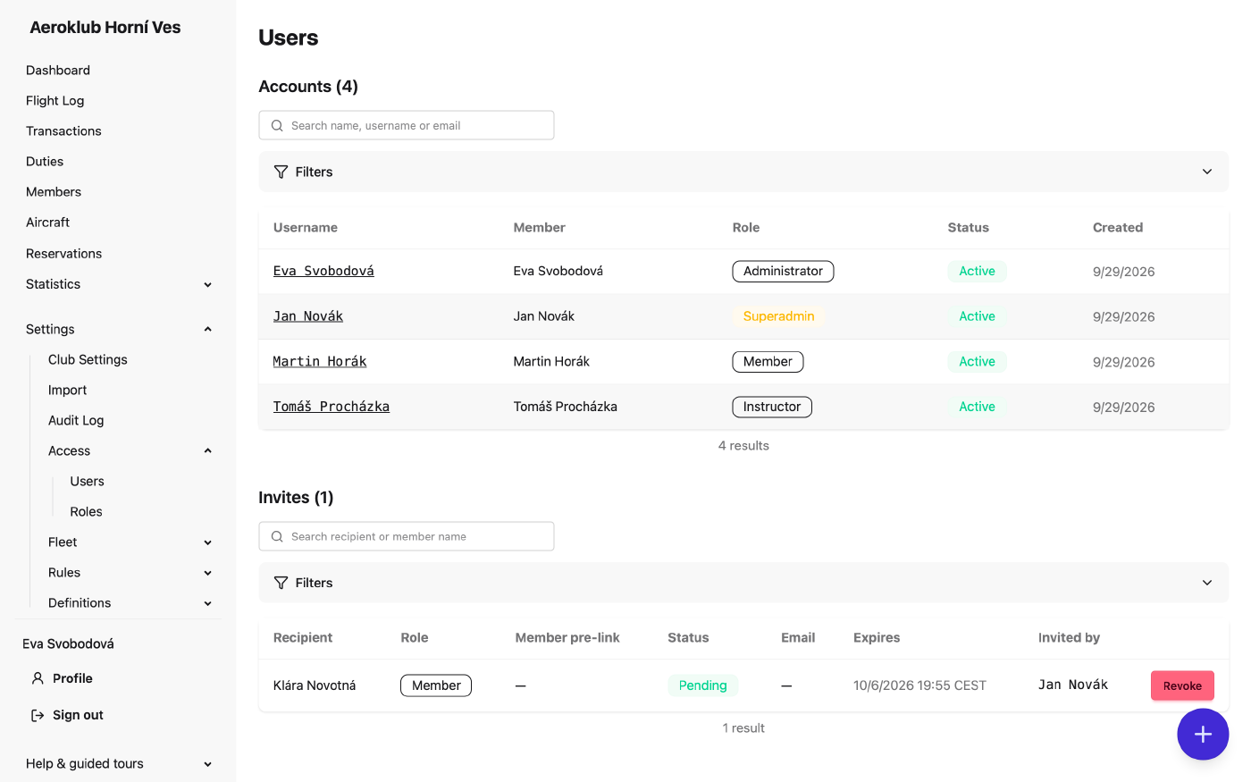 Users page with the Accounts list and the Invites list